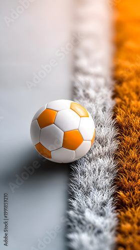 Soccer ball with orange accents positioned on a divided field of white and orange grass, showcasing a vibrant sports environment. Selective focus