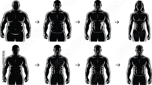 Fitness body transformation silhouettes showing overweight to muscular progression vector illustration isolated design for health exercise training motivation improvement