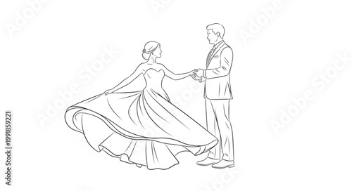 Couple dancing elegantly in formal attire sketch.