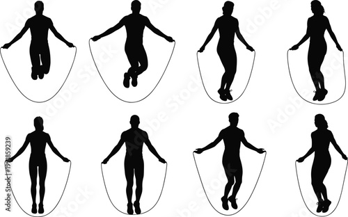 Jump rope exercise silhouettes showing dynamic movement, fitness training, skipping workout, coordination, and healthy lifestyle vector illustration design