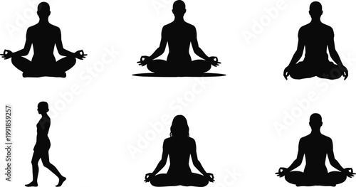 Meditation yoga silhouettes with cross‑legged poses and walking figure vector illustration isolated design for mindfulness balance relaxation and spirituality