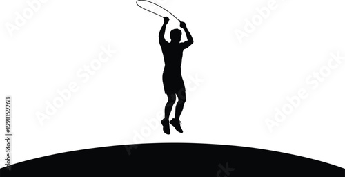 Jump rope silhouette of person exercising, fitness activity, black vector illustration showing athletic motion, health workout art for stock SEO
