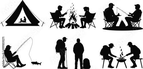 Outdoor camping, fishing, and hiking silhouettes showing tents, campfire, trekking, and companionship activities for nature adventure vector illustration