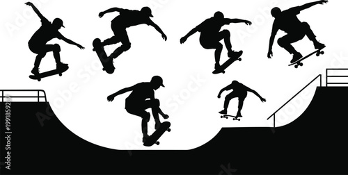 Skateboarder silhouettes performing tricks on half‑pipe ramp, dynamic motion, extreme sport vector illustration showing balance, skill, energy for stock SEO