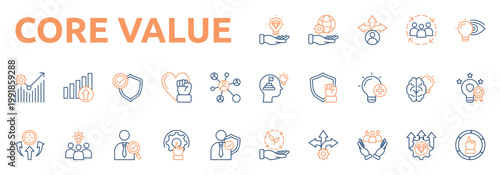 Core Value icon set color outline style with responsibility, guidance, inclusion, vision, development, growth, integrity, passion icons