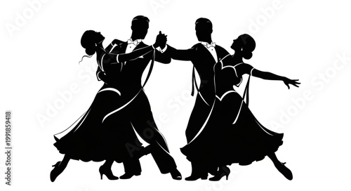 Silhouettes of couples dancing ballroom dance gracefully.