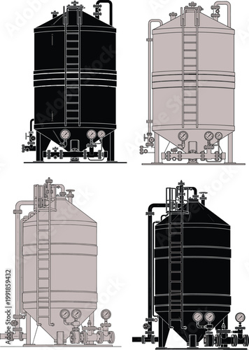 Technical industrial tank illustration with cylindrical silos, conical bottoms, ladders, pipes, valves, and platforms, engineering equipment design for manufacturing and agriculture