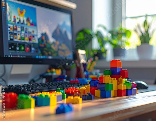クリエイティブなオフィスのデスクにあるデスクトップPCと玩具のブロック