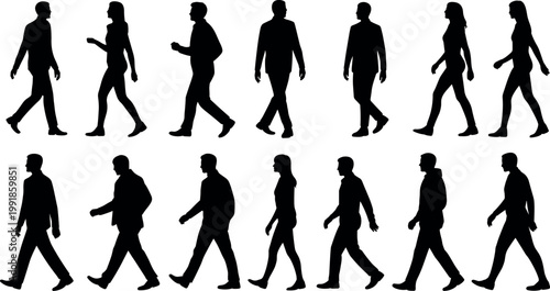 Black walking silhouettes of men and women arranged in rows, illustrating diverse human gait, posture variation, and pedestrian lifestyle reference