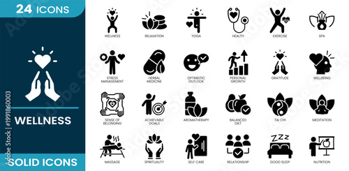 Wellness icon set. Wellness, yoga, health, exercise, meditation, relaxation, nutrition, self care, wellbeing, spa. Solid vector icons.