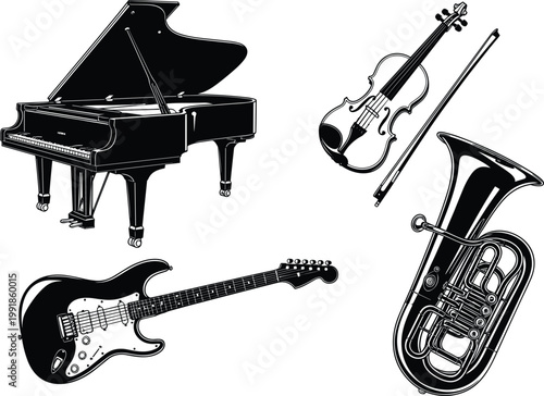 Premium Musical Instrument Vector Set Featuring Detailed Grand Piano, Electric Guitar, Violin, and Tuba Illustrations for Concert Posters, Music Education, and Creative Audio Branding