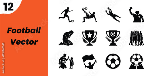 Soccer player silhouettes and football icons set, black athletic figures in motion, championship trophy and sports equipment vector collection