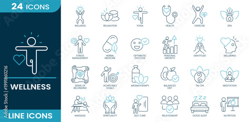 Wellness icon set. Yoga, relaxation, health, exercise, meditation, self care, wellbeing, nutrition, good sleep, spa. Line vector icons.