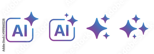 Set of generated AI icons. AI star symbol with a pointed and rounded tip. AI logotype. Artificial intelligence concept. Icon element for app and web. AI icon with shield protected. AI star icon. EPS10