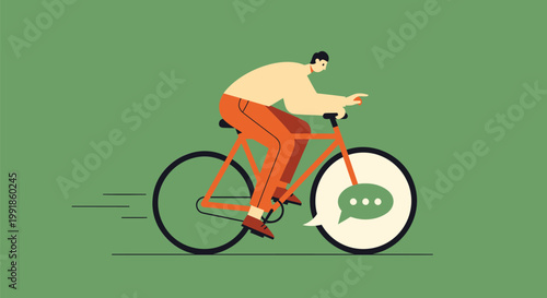 Vector illustration, cycling man, chat icon, green background, modern style