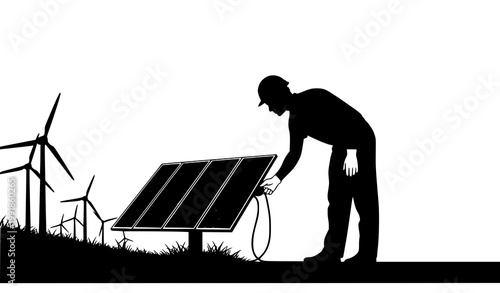 Silhouette of Technician Installing Solar Panel with Wind Turbines Background