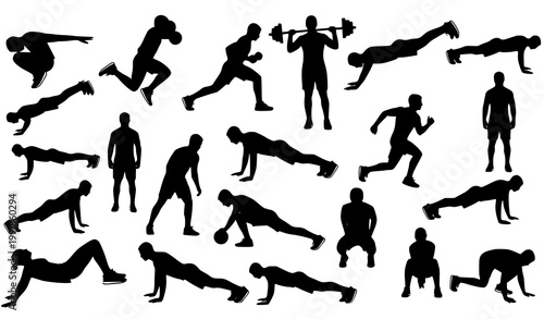 Dynamic Fitness Silhouettes Set Workout Icons Pushups Lunges Weightlifting Running Vector
