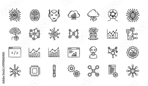 Technology Icons Set Vector Line Art Illustration with Brain Circuits Robot Cloud Computing Networks Data Charts CPU Gears