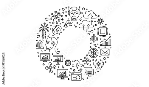 Circular Technology Icons Frame Vector Line Art Illustration with Robot Cloud Charts Monitors CPU Gears Networks