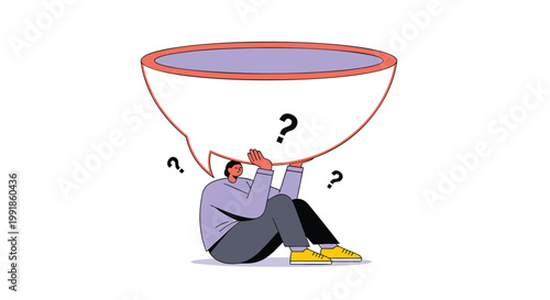 Confused businesswoman, sitting under large funnel, question marks, puzzled expression, office stress