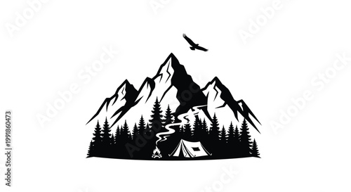 A silhouetted mountain landscape with a campsite and soaring eagle