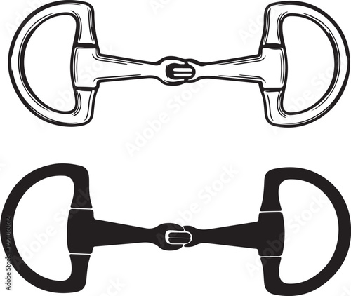 Horse Snaffle Bit Icon Set Vector - Outline and Silhouette Equestrian Equipment