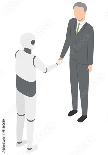 AIロボットと握手をする男性会社員・アイソメトリック