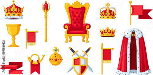 Royal kingdom vector collection, golden crown and throne set, medieval monarch regalia with sword and shield, red velvet royal cape and scepter