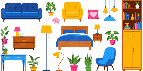 Modern home furniture vector set, colorful interior decor elements, flat apartment living room and bedroom furniture collection on white background