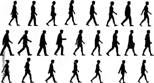 Collection of black walking silhouettes arranged in rows, depicting diverse human gait, posture variation, clothing styles, and pedestrian lifestyle illustration reference