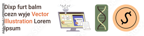 Technology, science, biology, business, artificial intelligence, payments. A monitor with an invoice system, DNA strand and circular logo with a dollar symbol. Technology and science concept