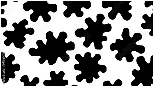 Abstract irregular black star and asterisk clusters on a white background creating a unique pattern with a playful organic feel perfect for graphic design and textile applications