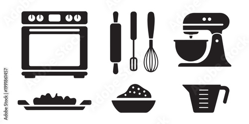 Kitchen Baking Tools and Appliance Icon Set