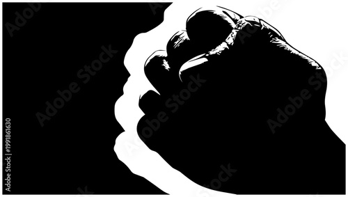 Close up silhouette of a clenched fist and open hand symbolizing power struggle and determination against a stark black and white background with dramatic lighting conveying
