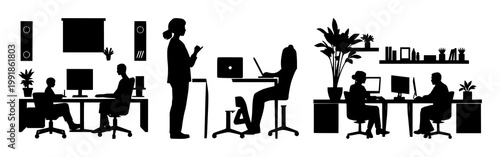 Co-working space icon set with solid black silhouette on white background featuring co-working, office, workspace, meeting with business and collaboration, design