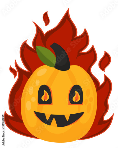 Halloween pumpkin with fire flames spooky character flat vector illustration. Perfect for stickers, greeting cards, kids Halloween designs, posters, and seasonal decorations