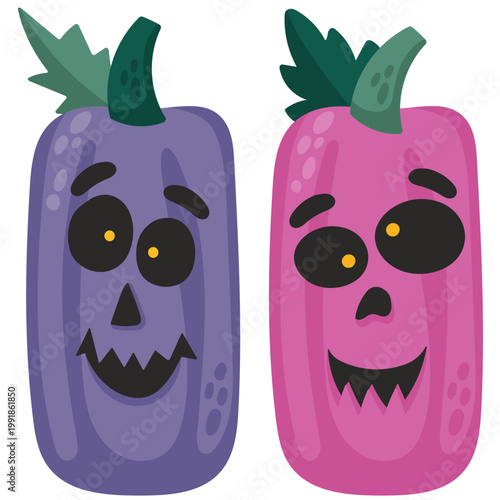 Set of cute Halloween pumpkins characters pink and purple flat vector illustration. Perfect for stickers, kids designs, greeting cards, packaging, and seasonal decorations