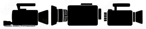 Video camera set with solid black icon on white background featuring icon, design, illustration with technology and media