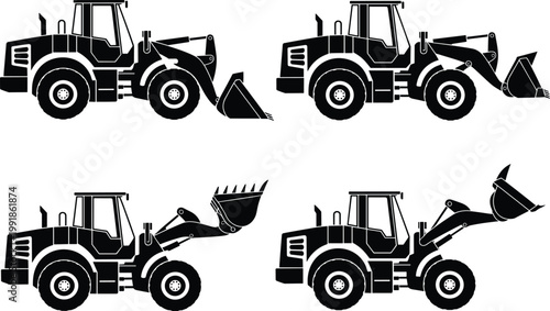 Loader bulldozer construction vehicle silhouettes heavy equipment industrial machinery set illustration