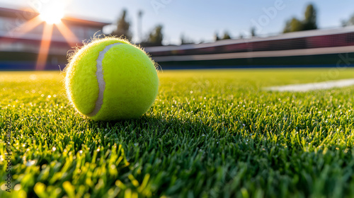 Tennis ball grass court sport close up outdoor sunlight summer practice, minimalistic close up tennis ball nestled fresh green grass outdoor court during sunny golden hour, calm sporty mood with