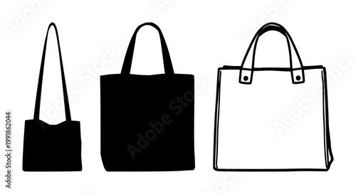 Solid black icon, white background: reusable canvas grocery bag set with simple line art design featuring line art, illustrations, graphic resources with vector and design elements