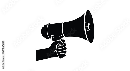 A black silhouette of a hand firmly holding a megaphone