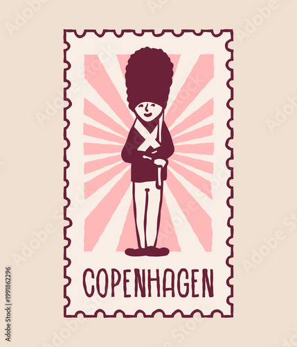 Hand-drawn Copenhagen postage stamp with royal guard. Scandinavian culture symbol in retro style for travel design, branding, posters, and souvenirs.