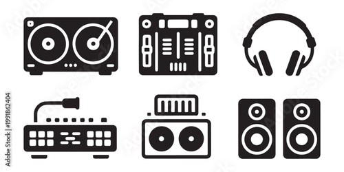 Music and Audio Equipment Icons Set Vector Illustration with DJ Controller Headphones Keyboard Speakers and Mixer in Minimal Flat Style