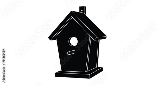 A simple black and white illustration of a classic wooden birdhouse