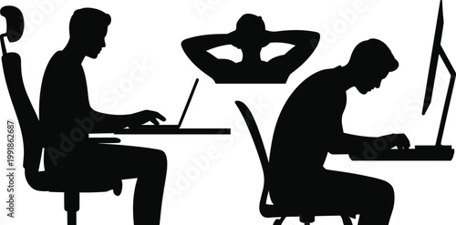 office worker silhouette set, computer stress fatigue posture problems, laptop desktop work scenes, ergonomic issues concept, black vector silhouettes, workplace health productivity illustration