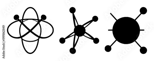 Quantum computing qubit atom icon set with solid black icon style featuring quantum, atom, qubit with vector illustration and design