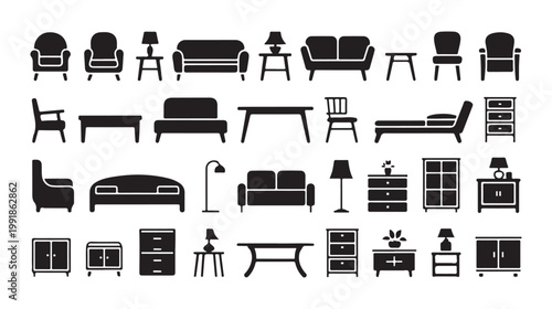 Solid furniture icons set for interior design and home decoration modern collection.