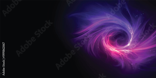 Futuristic abstract fractal background with purple glowing lines and blue light waves forming a colorful energy motion pattern on a black backdrop texture design
