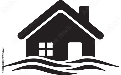 A house partially submerged in rising floodwaters silhouette vector icon